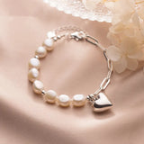 925 Silver Baroque Pearl Cuban Link Bracelet Love Heart for Women Couple