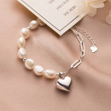 925 Silver Baroque Pearl Cuban Link Bracelet Love Heart for Women Couple