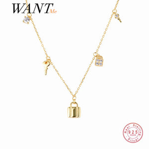925 Silver Punk Rock Zircon Lock Key Chain Charm Necklace for Women