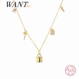 925 Silver Punk Rock Zircon Lock Key Chain Charm Necklace for Women