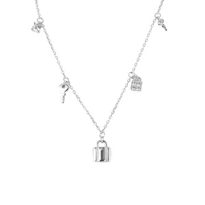 925 Silver Punk Rock Zircon Lock Key Chain Charm Necklace for Women