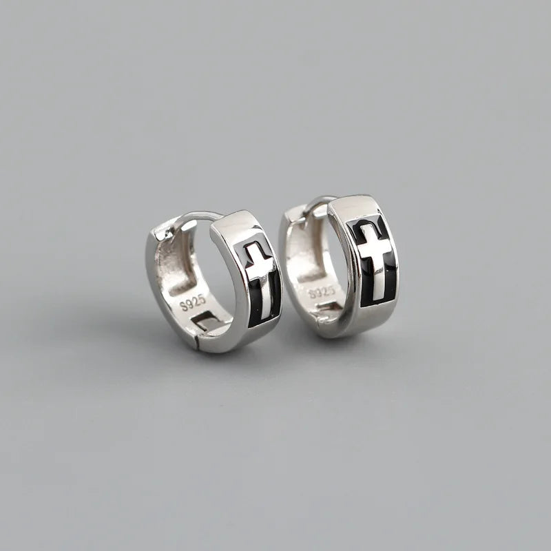 925 Sterling Silver Vintage Drip Oil Gothic Cross Ear Buckle Earrings