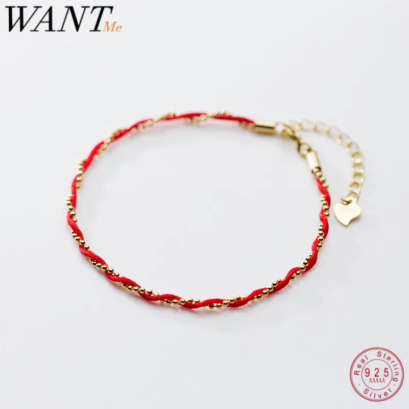 Minimalist Bead Wave Wrap Red Rope Charm Bracelet 925 Sterling Silver