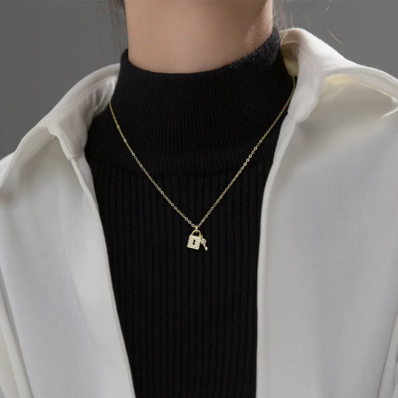 S925 Zircon Key Lock Pendant Chain Necklace for Women