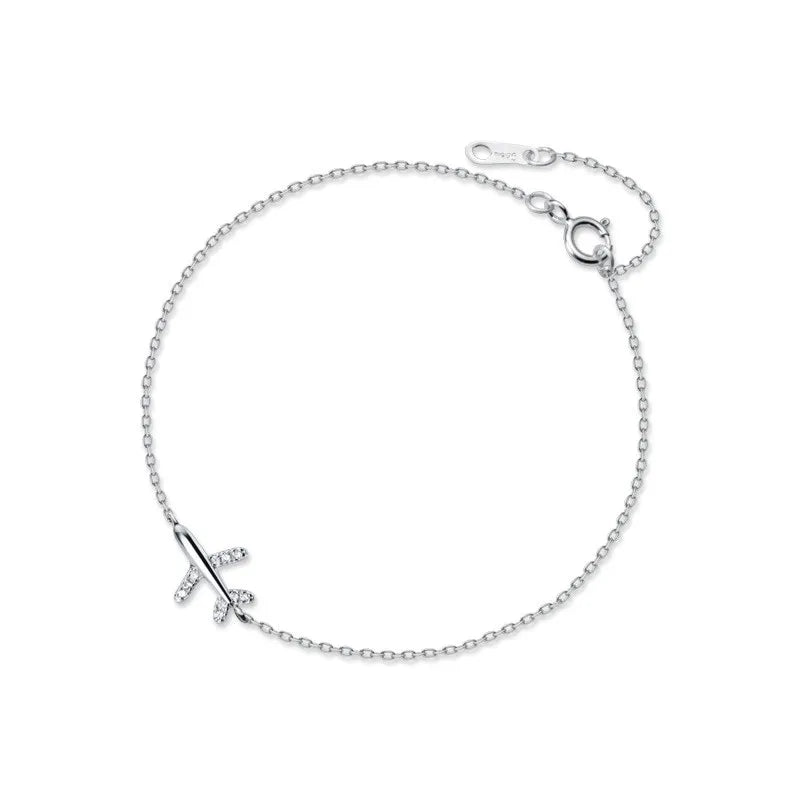 925 Silver Aircraft Bracelet Zircon Charm Airplane Bangle