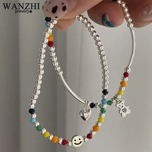 925 Silver Beads Smiley Face Bracelet Party Jewelry