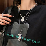 Women's Double Layer Stainless Steel Necklace Zircon Bear Pendant