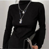 Women's Double Layer Stainless Steel Necklace Zircon Bear Pendant