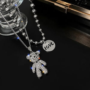 Women's Double Layer Stainless Steel Necklace Zircon Bear Pendant