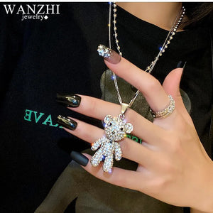 Women's Double Layer Stainless Steel Necklace Zircon Bear Pendant
