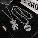 Women's Double Layer Stainless Steel Necklace Zircon Bear Pendant