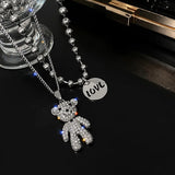 Women's Double Layer Stainless Steel Necklace Zircon Bear Pendant