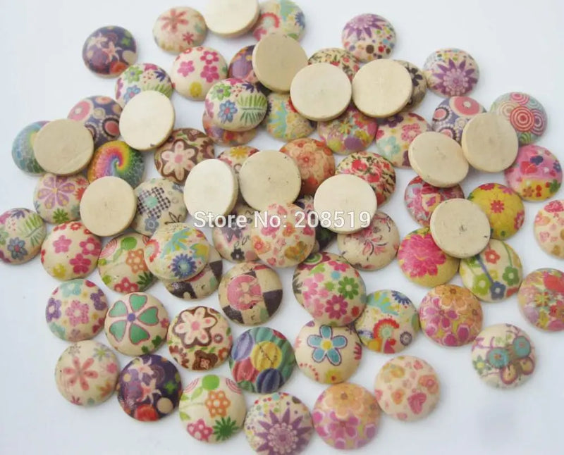 Printed Wood Flatback Buttons 10MM 100pcs Mix