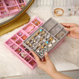 Grey Pink Velvet Jewelry Box Display Organizer Ring Necklace Tray Holder