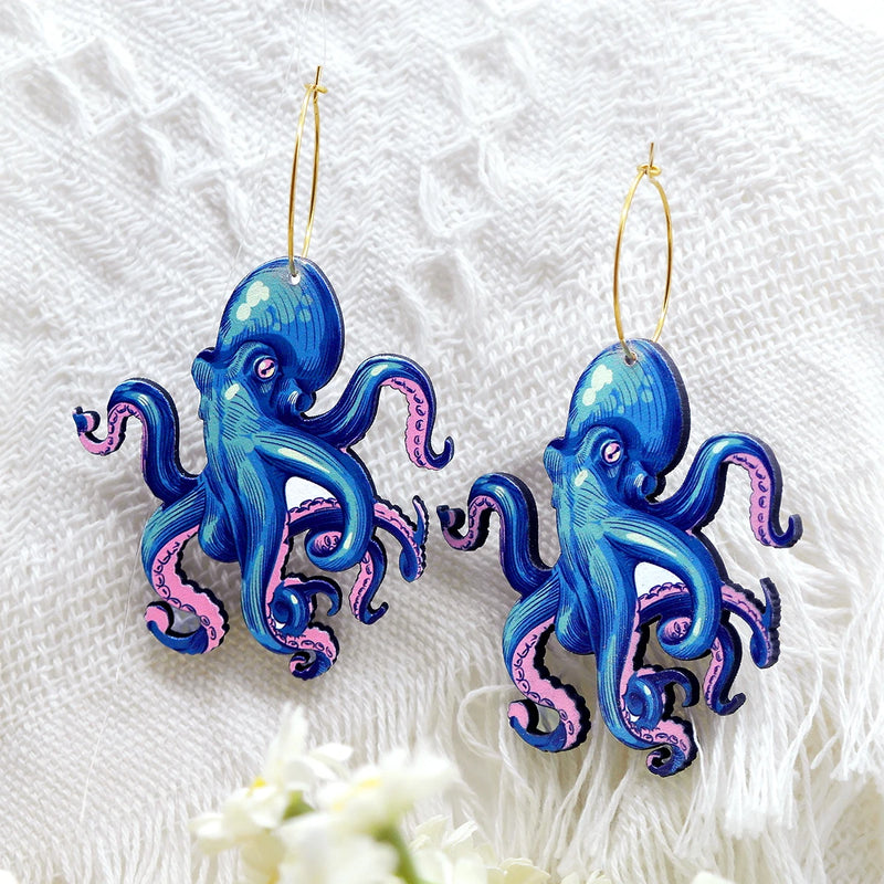 Wooden Octopus Earrings with Brass Hooks Halloween Christmas Gift