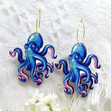 Wooden Octopus Earrings with Brass Hooks Halloween Christmas Gift