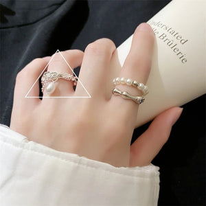925 Silver Pearl Chain Resizable Opening Ring For Women