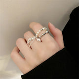 925 Silver Pearl Chain Resizable Opening Ring For Women