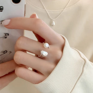 925 Silver Natural Pearl Half Circle Open Ring For Women