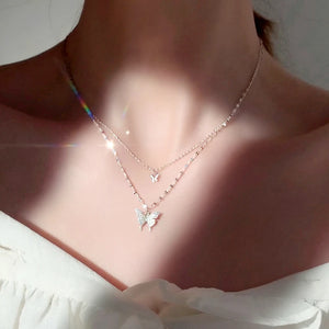 925 Silver Zircon Butterfly Double Layer Necklace for Women