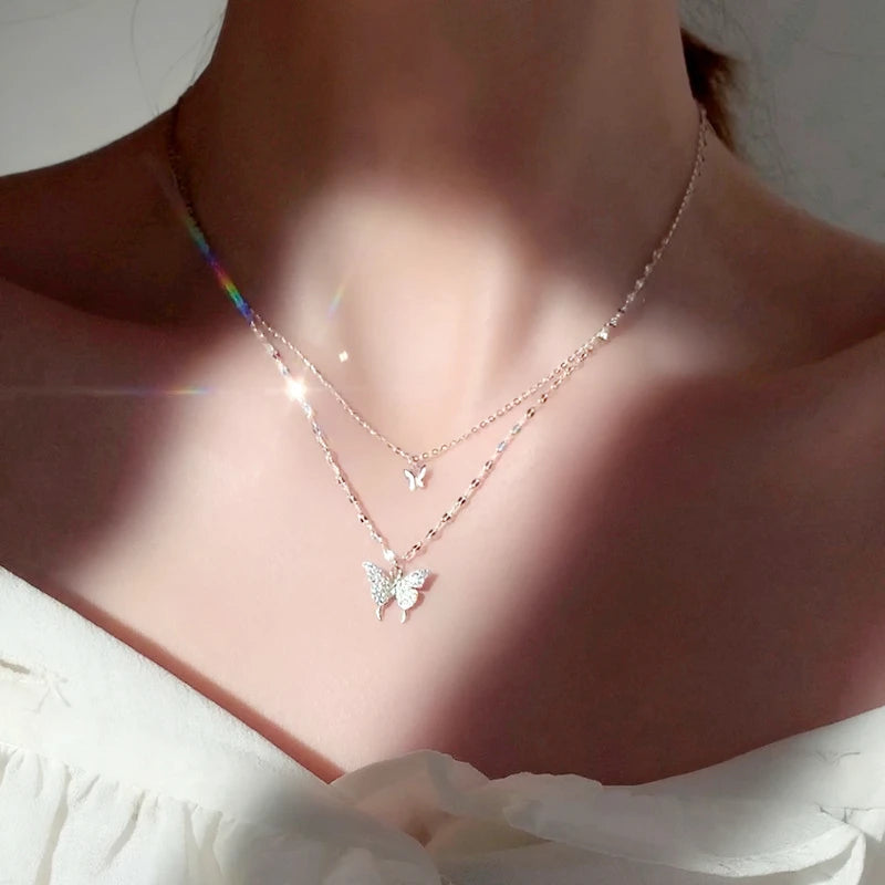 925 Silver Zircon Butterfly Double Layer Necklace for Women