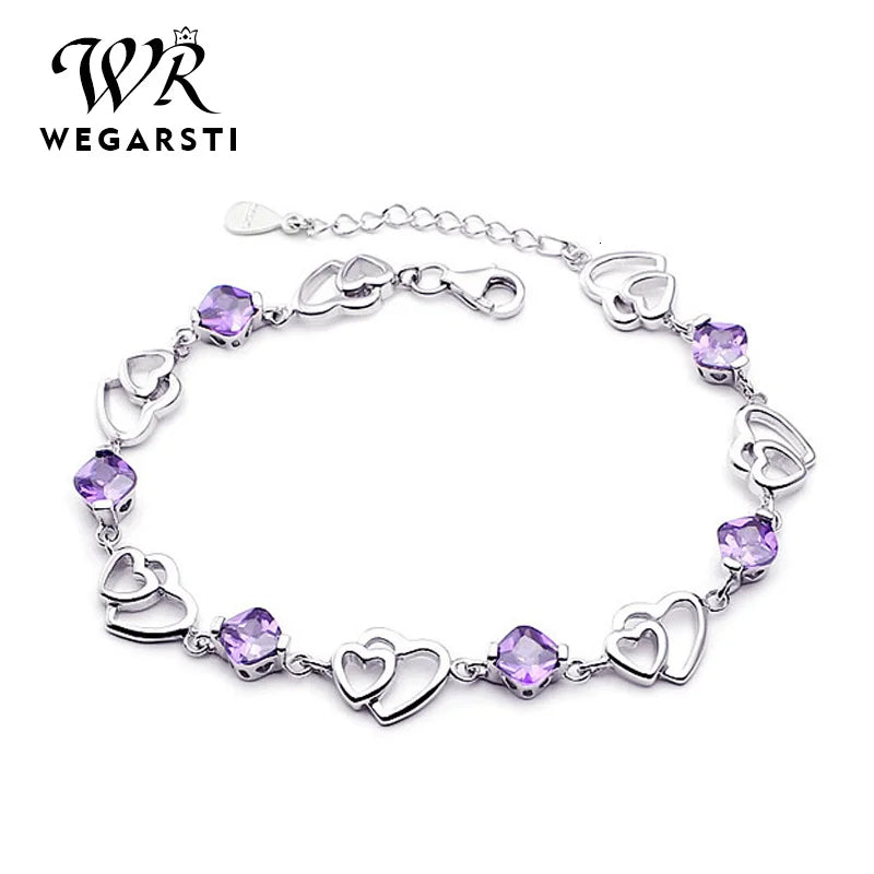 925 Silver Amethyst Heart Women Bracelet