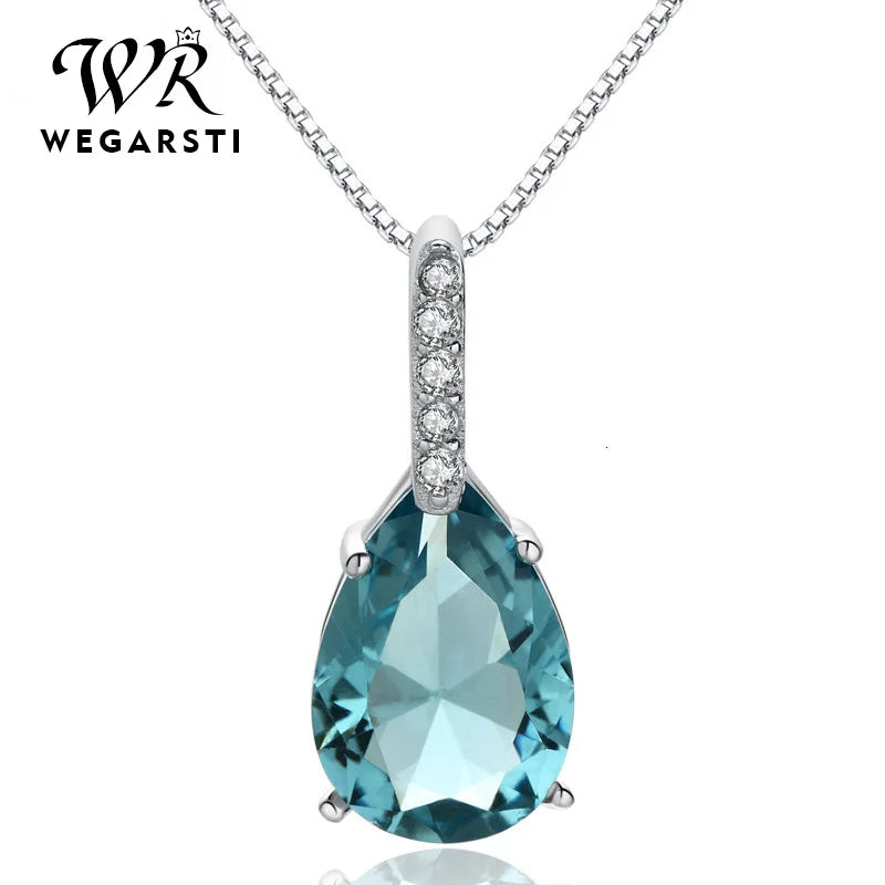 WEGARASTI Silver Necklace Pendent Women Aquamarine Water Drop Hot Silver Jewelry