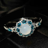925 Silver Lucky Chalcedony Open Cuff Crystal Bangle Bracelet