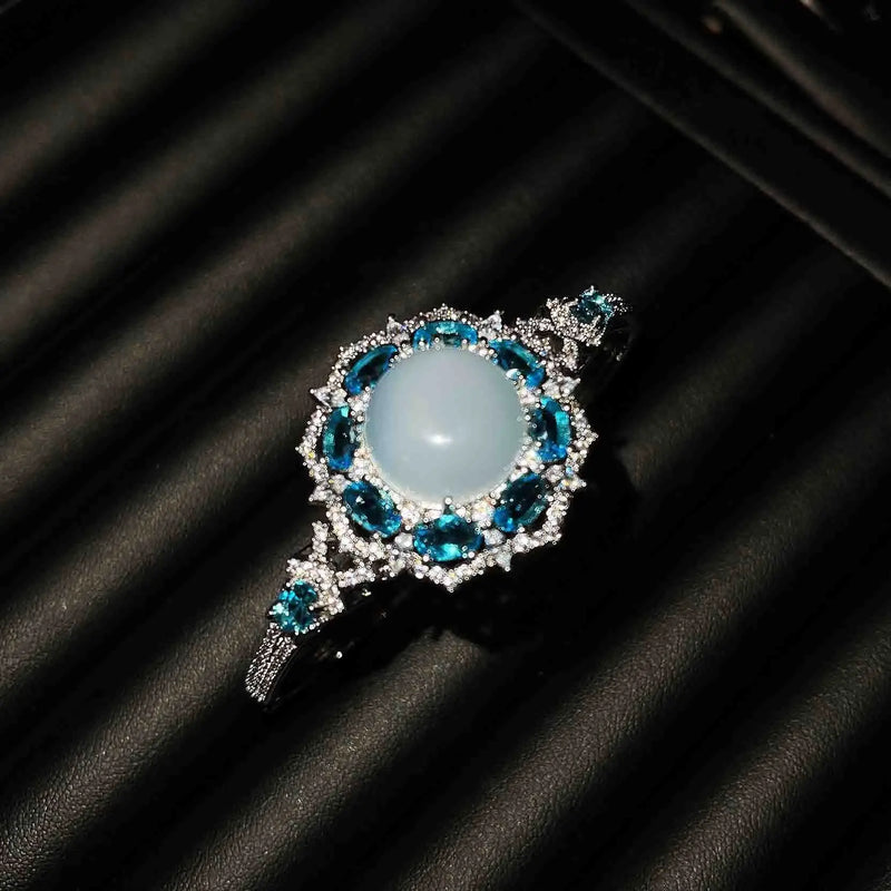 925 Silver Lucky Chalcedony Open Cuff Crystal Bangle Bracelet