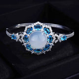 925 Silver Lucky Chalcedony Open Cuff Crystal Bangle Bracelet