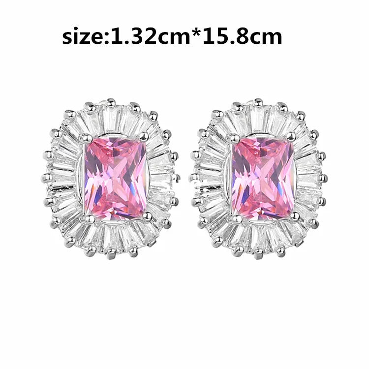 925 Silver Stud Earrings Red Pink Sapphire Crystal Wedding Engagement Jewelry