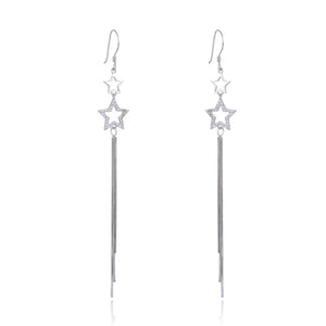 925 Silver Tassel Stars Drop Earrings Clear CZ Jewelry