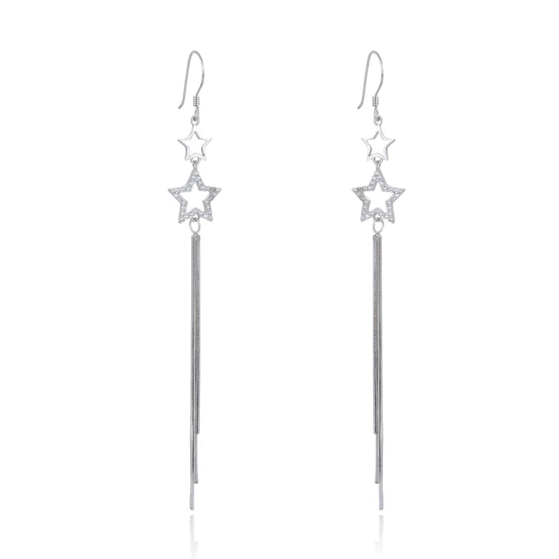 925 Silver Tassel Stars Drop Earrings Clear CZ Jewelry