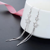 925 Silver Tassel Stars Drop Earrings Clear CZ Jewelry