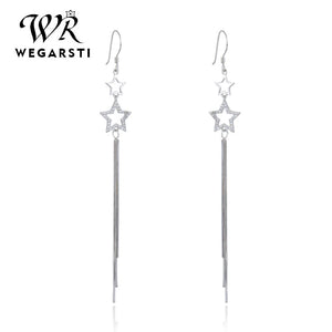 925 Silver Tassel Stars Drop Earrings Clear CZ Jewelry