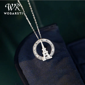 100% Silver Tower Clear CZ Pendant Necklace Women Jewelry