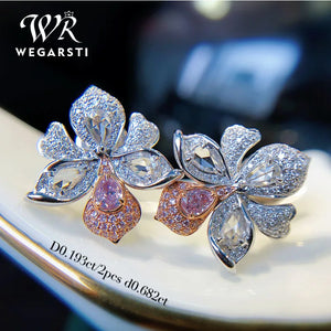 Crystal Pink Zircon Stud Earrings Flower Silver Vintage Women