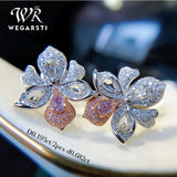 Crystal Pink Zircon Stud Earrings Flower Silver Vintage Women