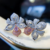 Crystal Pink Zircon Stud Earrings Flower Silver Vintage Women