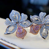 Crystal Pink Zircon Stud Earrings Flower Silver Vintage Women