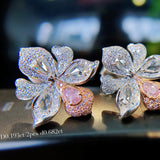 Crystal Pink Zircon Stud Earrings Flower Silver Vintage Women
