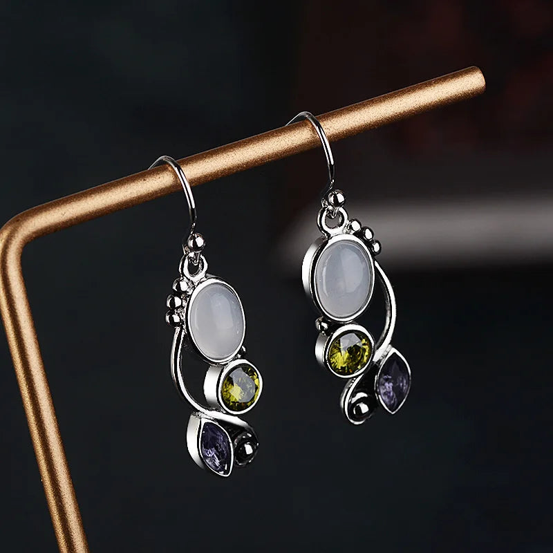 Vintage 100% Silver Moonstone Drop Earrings For Women