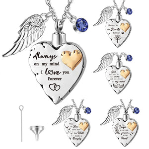 Heart Cremation Necklace with Angle Wings and Birthstones - With Filling