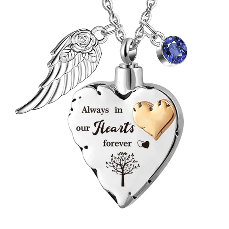 Heart Cremation Necklace with Angle Wings and Birthstones - With Filling