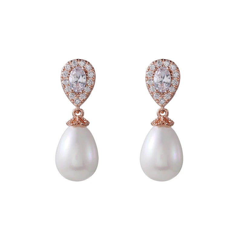 CZ & Shell Pearl Drop Earrings for Wedding