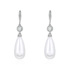 Teardrop Shell Pearl Bridal CZ Drop Earrings