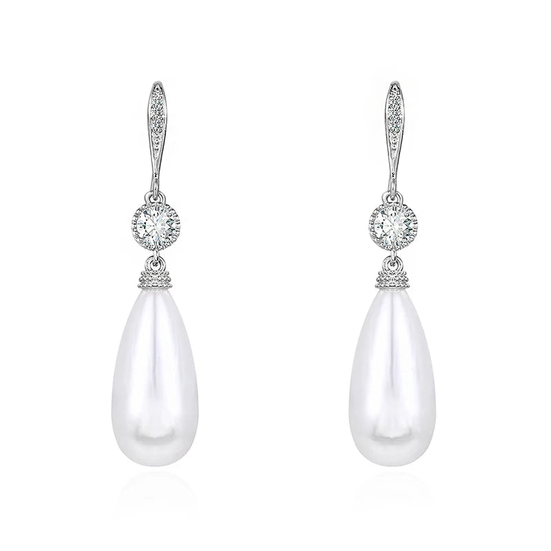 Teardrop Shell Pearl Bridal CZ Drop Earrings
