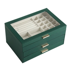 Green Leather Jewelry Box Earring Ring Bracelet Storage Organizer