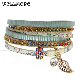 Women's Leather Beaded Bracelet Multilayer Wide Wrap Jewelry