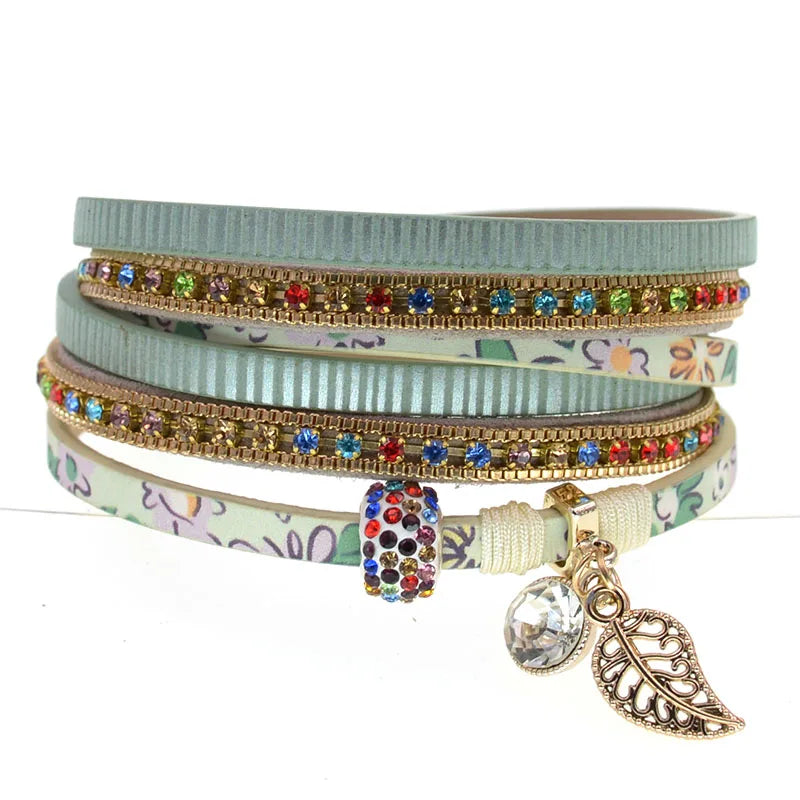 Women's Leather Beaded Bracelet Multilayer Wide Wrap Jewelry